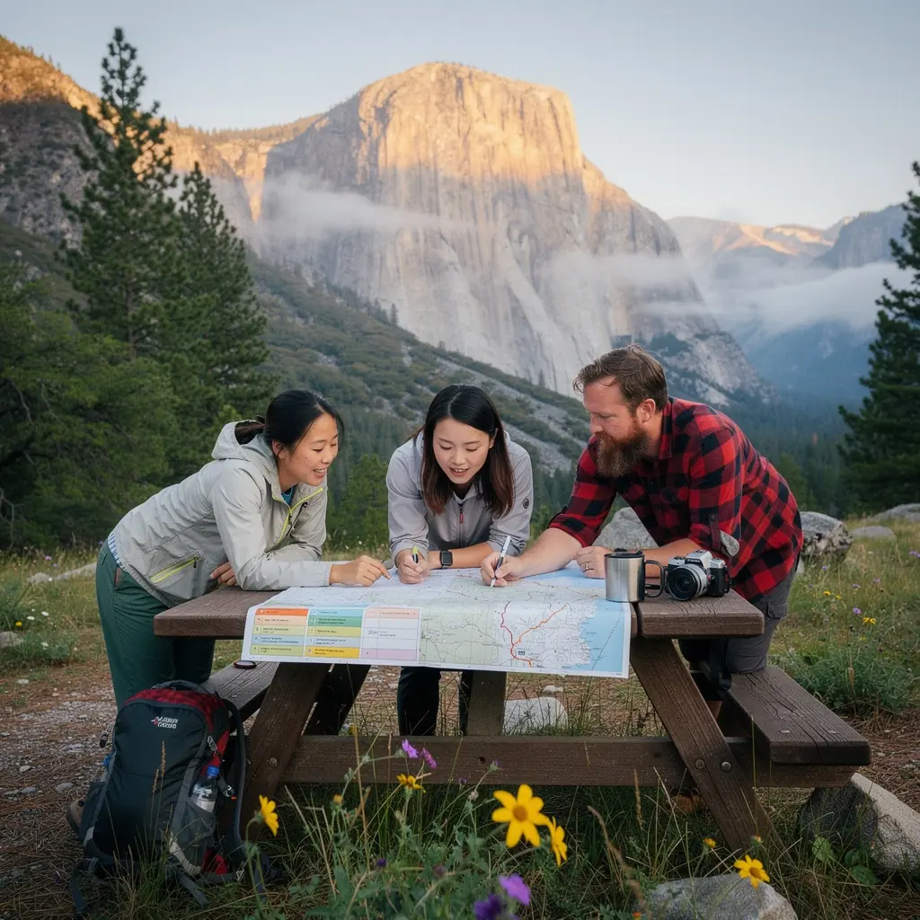 Группа туристов, наслаждающихся пешей прогулкой по живописной тропе в парке.