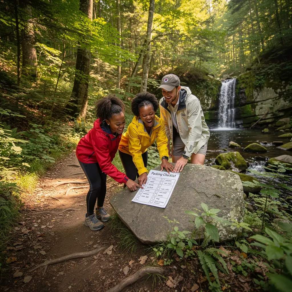 Семья, собирающаяся на отдых, проверяет упаковочный список на фоне природы.