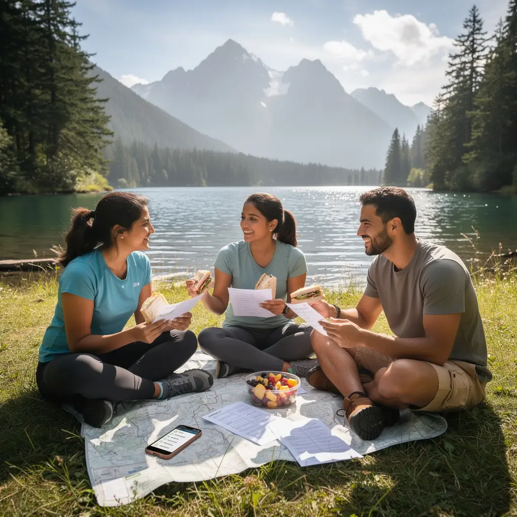 Пейзаж живописного национального парка с горными вершинами и зелеными лесами.